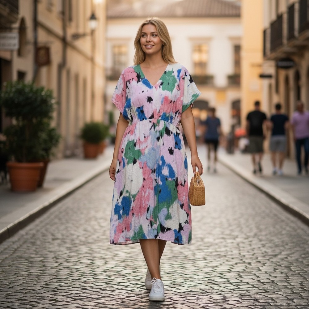 Ava & Viv Watercolor Dress Womens 1X V Neck Multicolor Pullover‎ Pockets Rayon